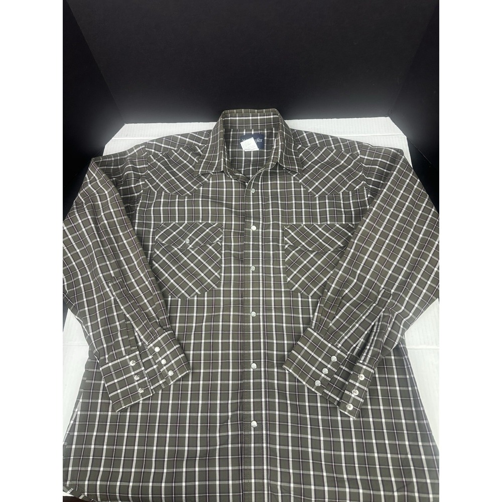 Vintage Wrangler Shirt Adult Large Grey/Purple Plaid Pearl Snap Long Sleeve Mens